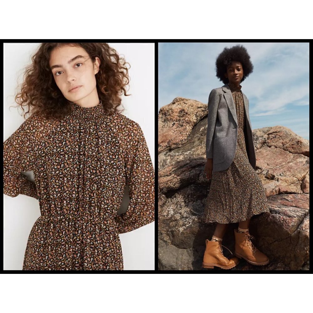 💕MADEWELL💕 Georgette Smocked-Neck Midi Dress Folktale Paisley M Petite NWT